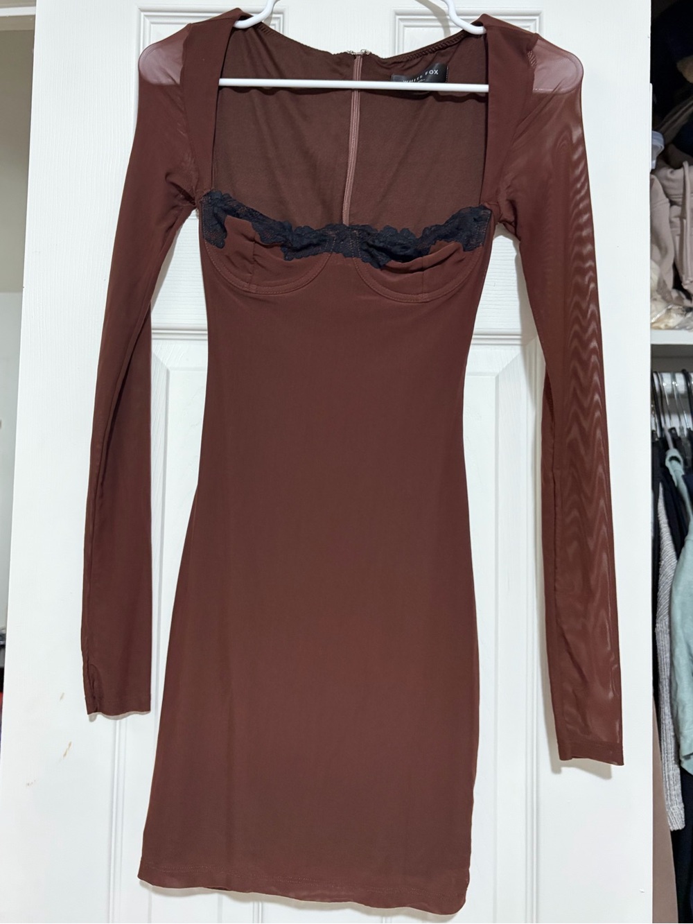 White Fox Boutique Brown Mini Dress with Black Lace Trim